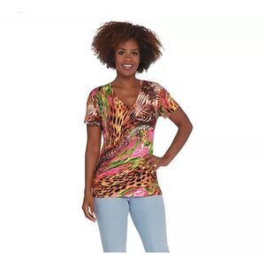 Quacker Factory‎ Printed Sweater Knit T-Shirt w/ Rhinestone Embellishment - L